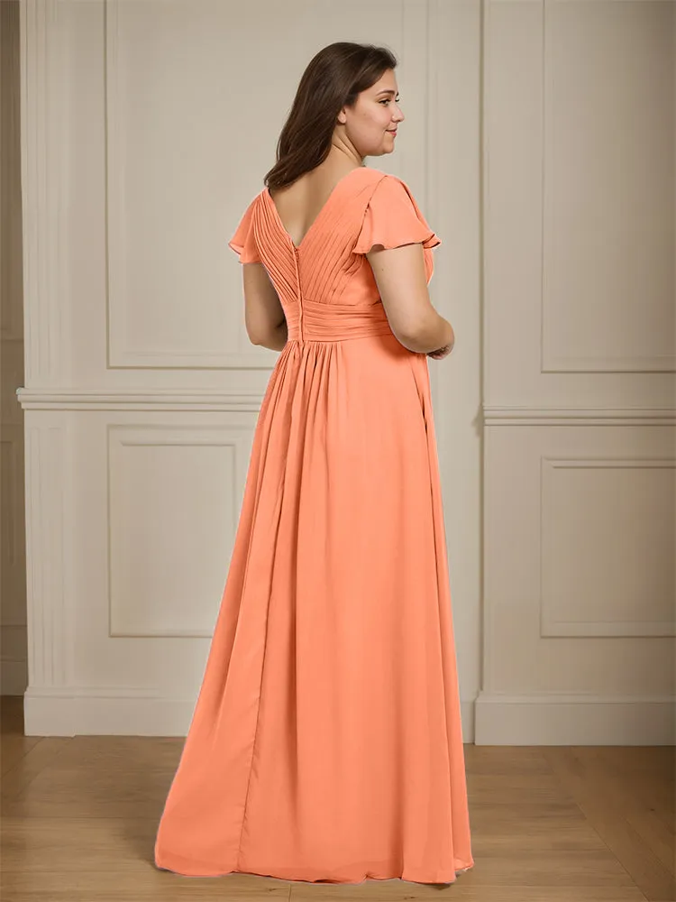 Short Sleeves Chiffon A-line V Neck Long Plus Size Bridesmaid Dresses