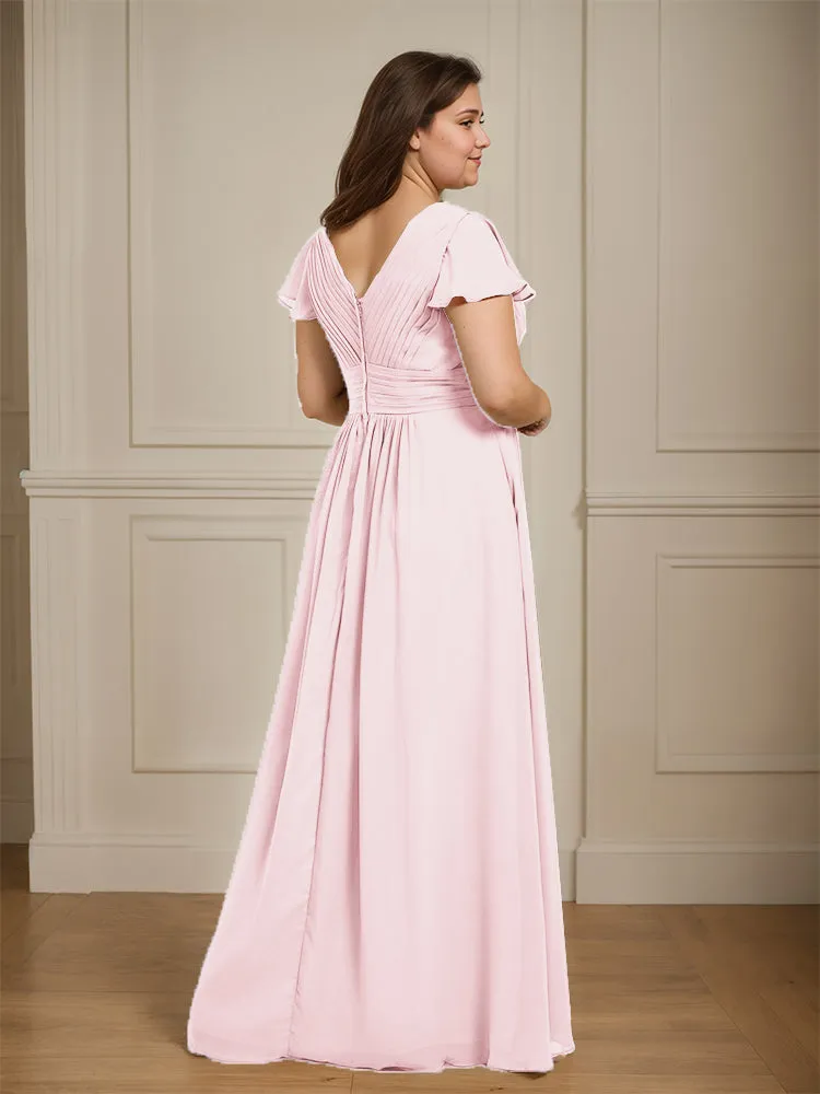 Short Sleeves Chiffon A-line V Neck Long Plus Size Bridesmaid Dresses