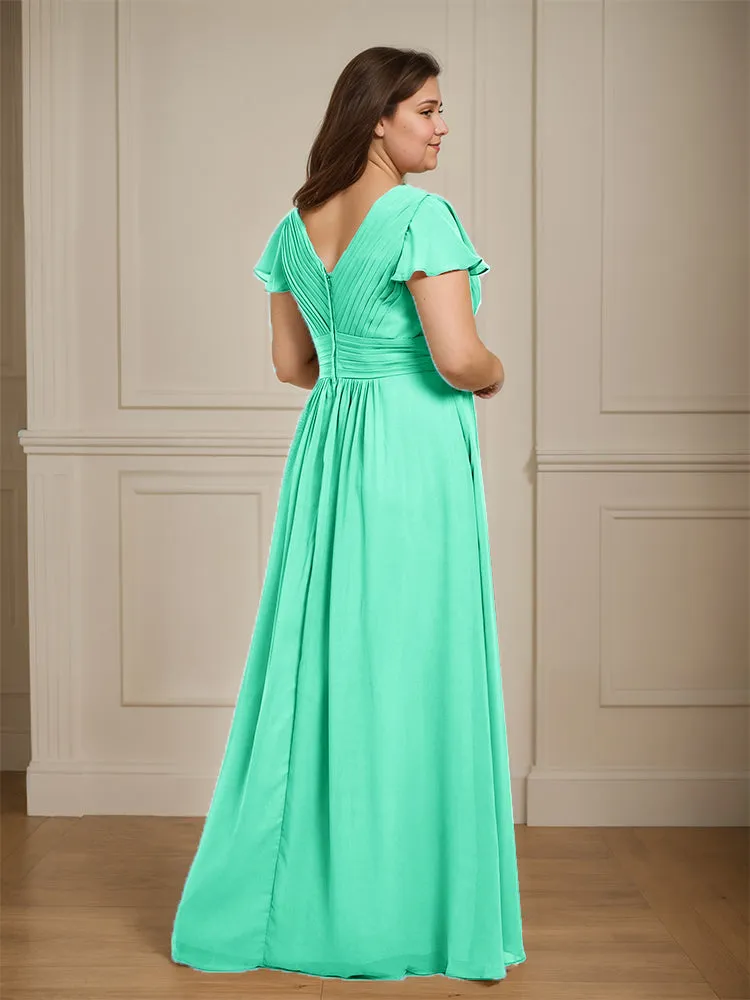 Short Sleeves Chiffon A-line V Neck Long Plus Size Bridesmaid Dresses