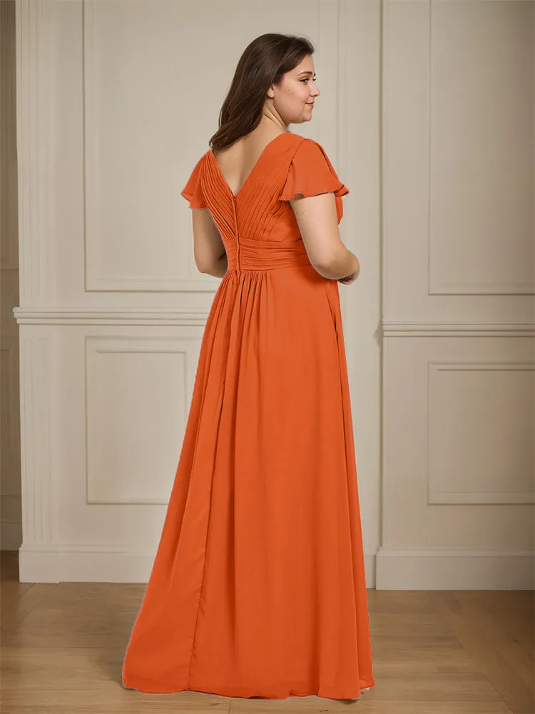 Short Sleeves Chiffon A-line V Neck Long Plus Size Bridesmaid Dresses