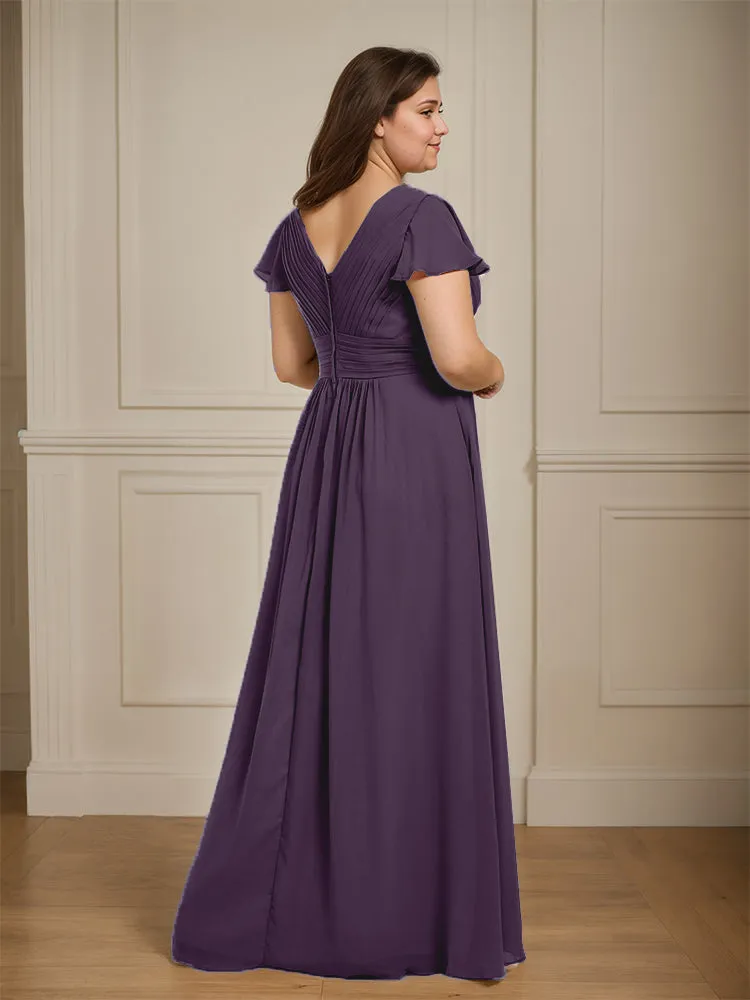 Short Sleeves Chiffon A-line V Neck Long Plus Size Bridesmaid Dresses