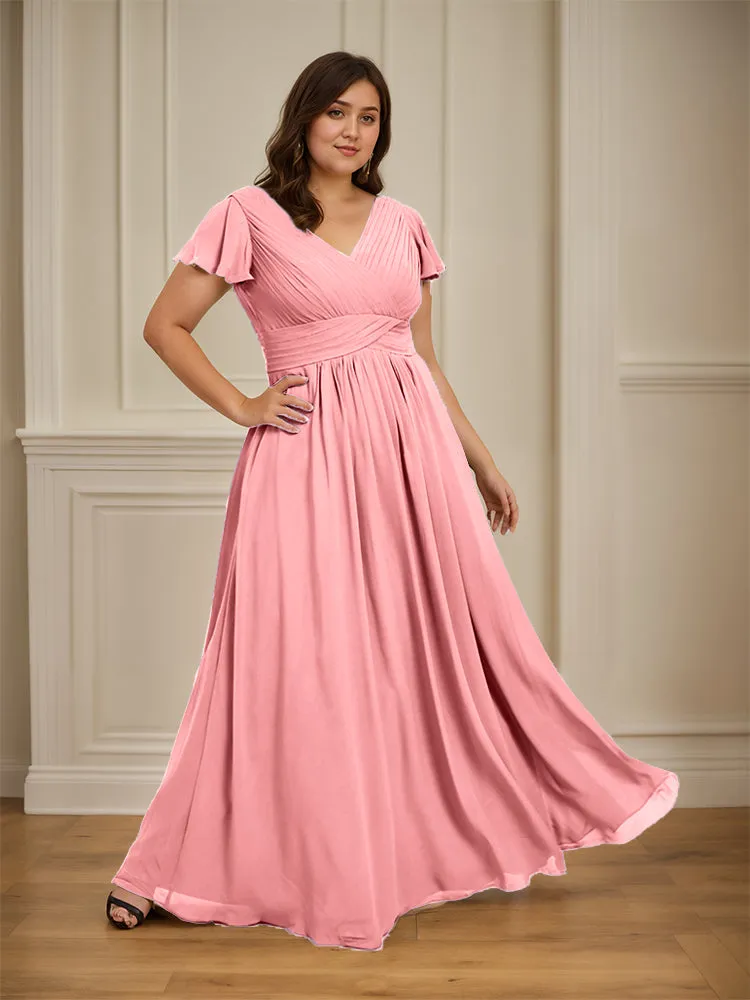 Short Sleeves Chiffon A-line V Neck Long Plus Size Bridesmaid Dresses