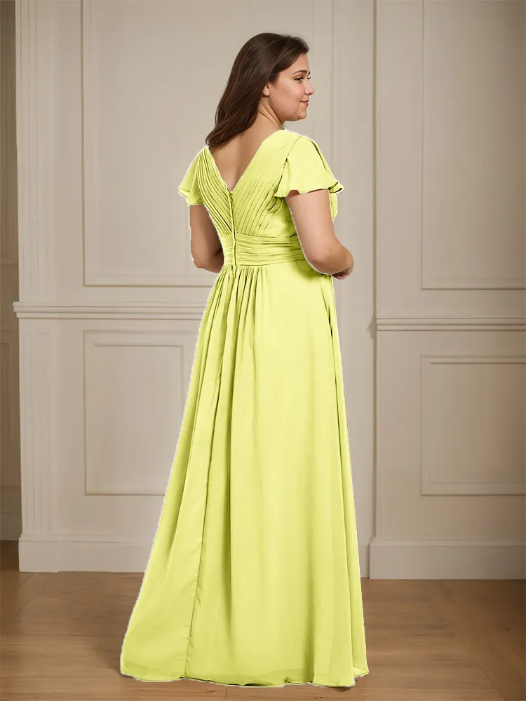 Short Sleeves Chiffon A-line V Neck Long Plus Size Bridesmaid Dresses