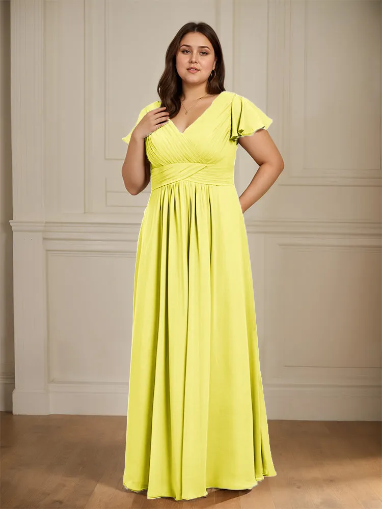 Short Sleeves Chiffon A-line V Neck Long Plus Size Bridesmaid Dresses