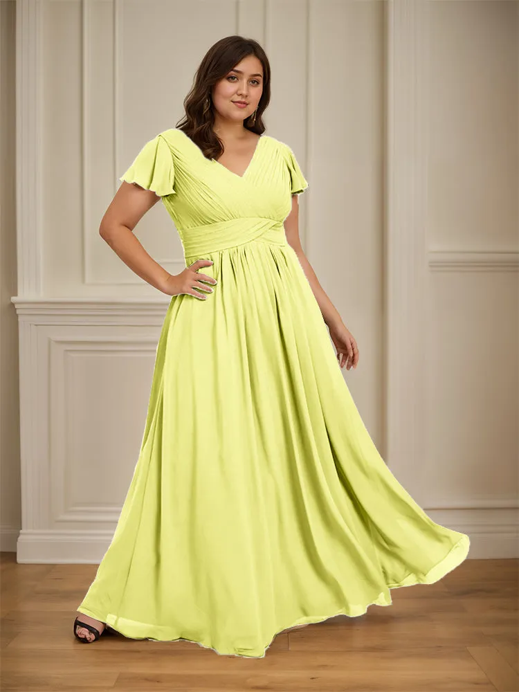 Short Sleeves Chiffon A-line V Neck Long Plus Size Bridesmaid Dresses