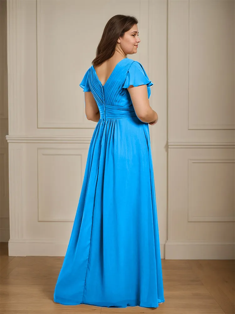 Short Sleeves Chiffon A-line V Neck Long Plus Size Bridesmaid Dresses