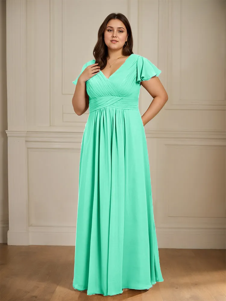 Short Sleeves Chiffon A-line V Neck Long Plus Size Bridesmaid Dresses