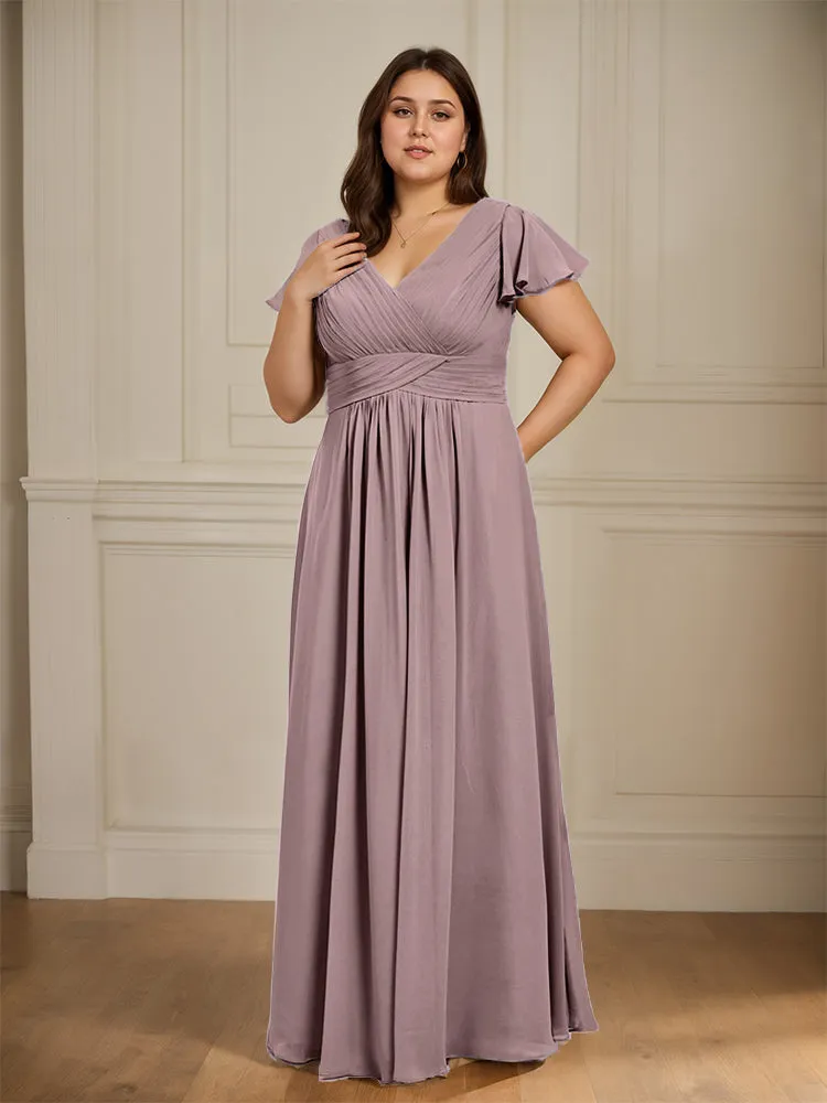 Short Sleeves Chiffon A-line V Neck Long Plus Size Bridesmaid Dresses