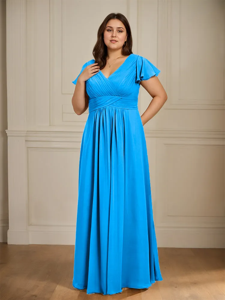 Short Sleeves Chiffon A-line V Neck Long Plus Size Bridesmaid Dresses