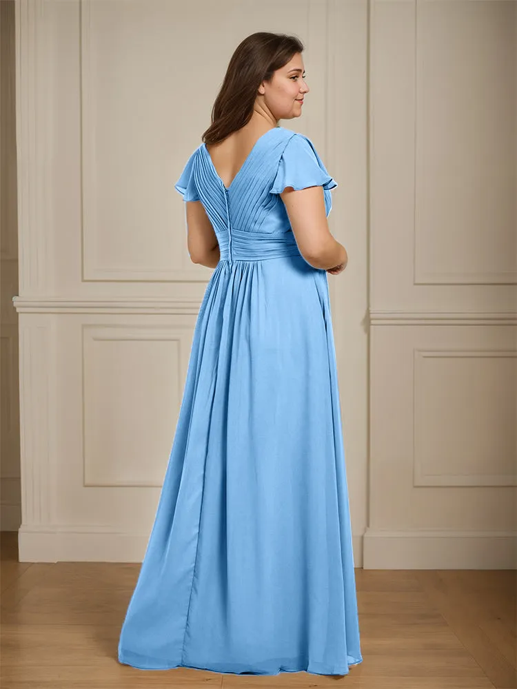 Short Sleeves Chiffon A-line V Neck Long Plus Size Bridesmaid Dresses