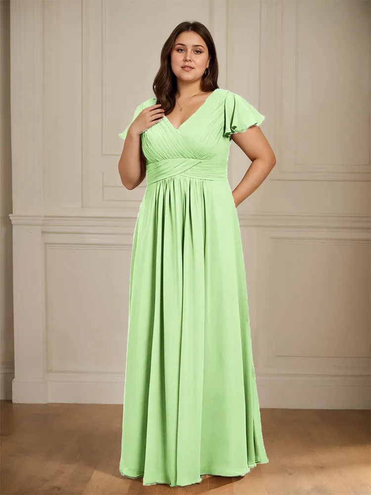 Short Sleeves Chiffon A-line V Neck Long Plus Size Bridesmaid Dresses