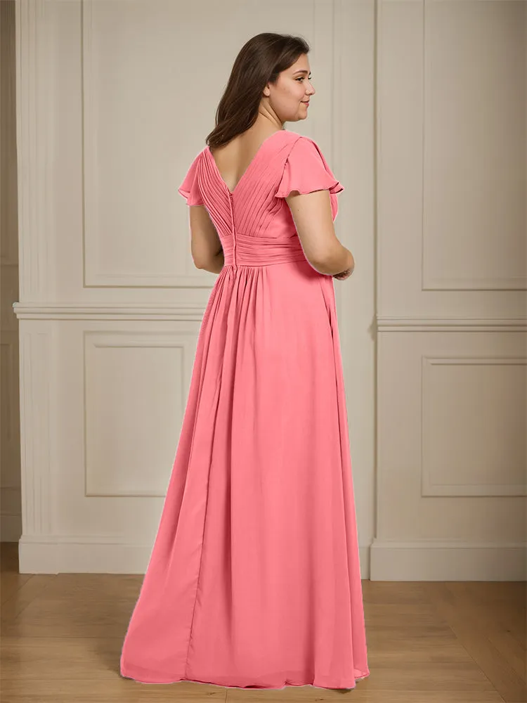 Short Sleeves Chiffon A-line V Neck Long Plus Size Bridesmaid Dresses