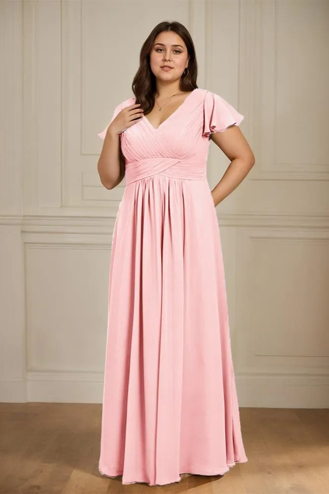 Short Sleeves Chiffon A-line V Neck Long Plus Size Bridesmaid Dresses