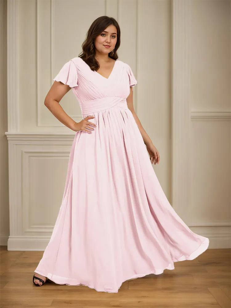 Short Sleeves Chiffon A-line V Neck Long Plus Size Bridesmaid Dresses