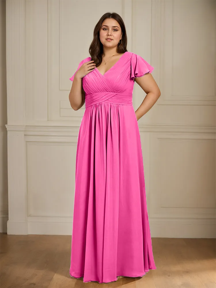 Short Sleeves Chiffon A-line V Neck Long Plus Size Bridesmaid Dresses