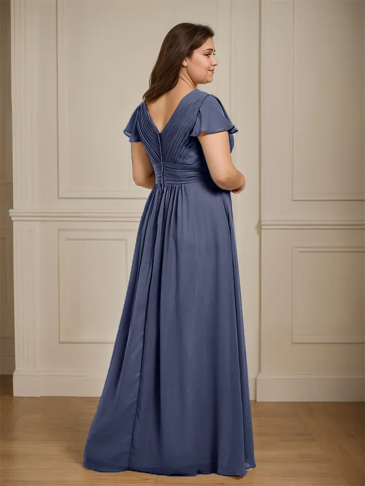 Short Sleeves Chiffon A-line V Neck Long Plus Size Bridesmaid Dresses