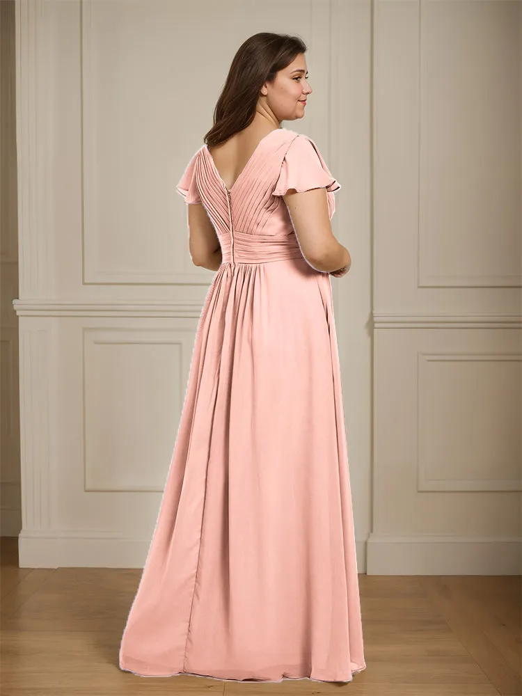 Short Sleeves Chiffon A-line V Neck Long Plus Size Bridesmaid Dresses