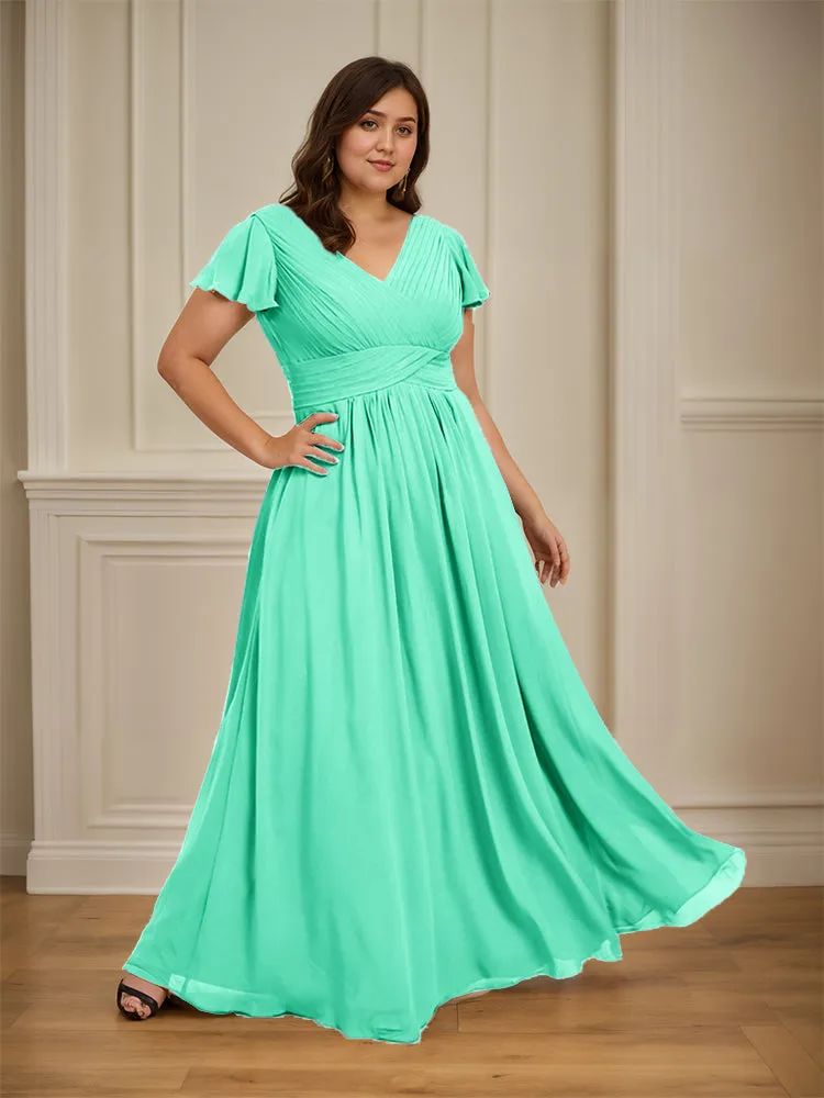 Short Sleeves Chiffon A-line V Neck Long Plus Size Bridesmaid Dresses