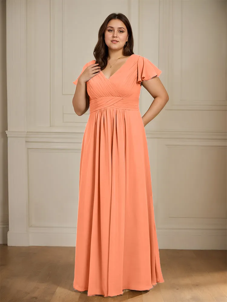 Short Sleeves Chiffon A-line V Neck Long Plus Size Bridesmaid Dresses