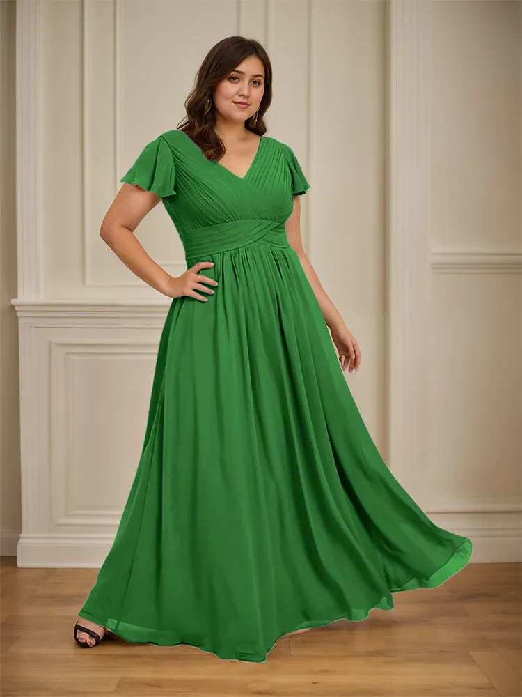 Short Sleeves Chiffon A-line V Neck Long Plus Size Bridesmaid Dresses