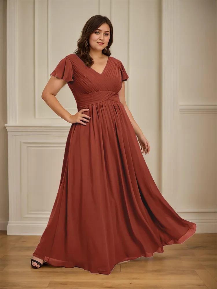 Short Sleeves Chiffon A-line V Neck Long Plus Size Bridesmaid Dresses