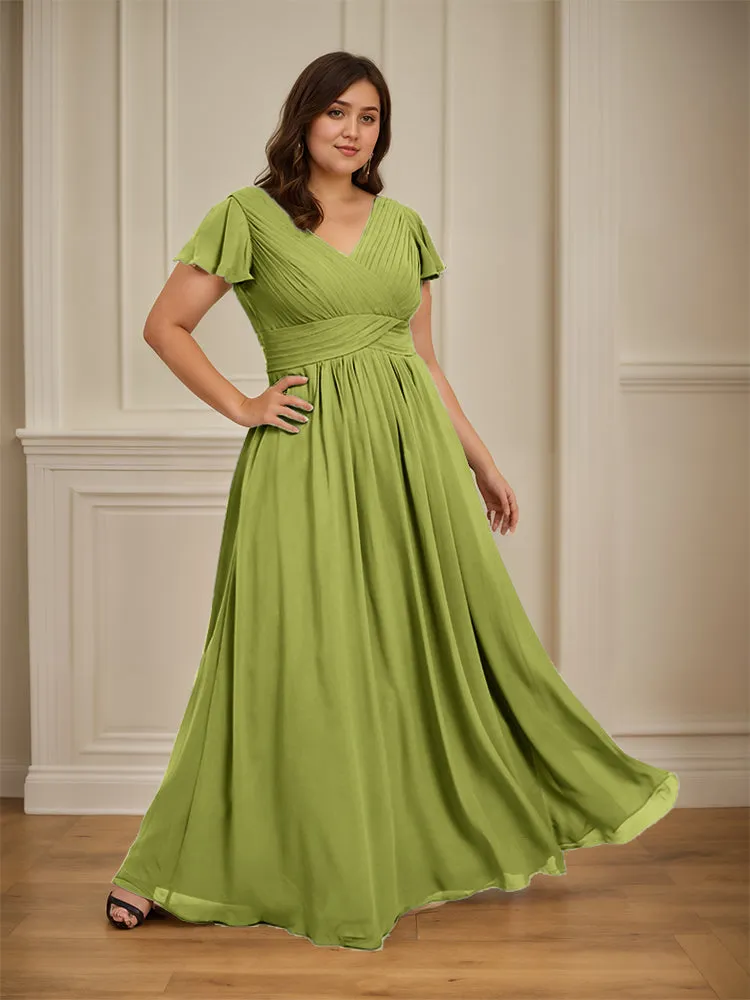 Short Sleeves Chiffon A-line V Neck Long Plus Size Bridesmaid Dresses