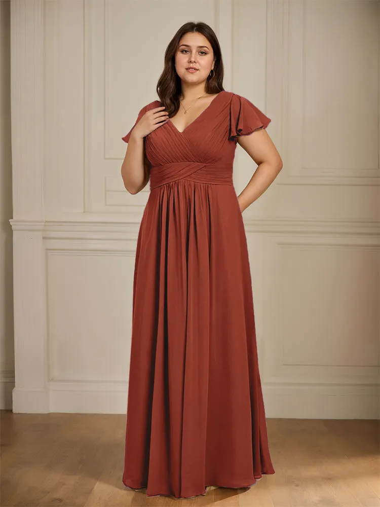 Short Sleeves Chiffon A-line V Neck Long Plus Size Bridesmaid Dresses