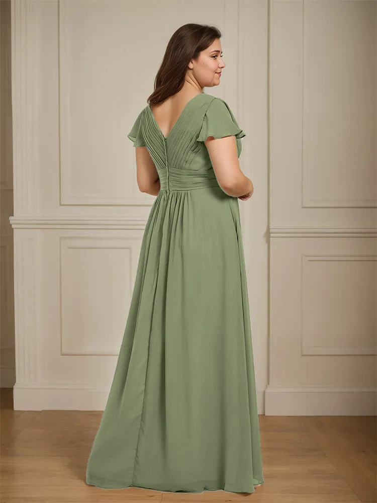 Short Sleeves Chiffon A-line V Neck Long Plus Size Bridesmaid Dresses