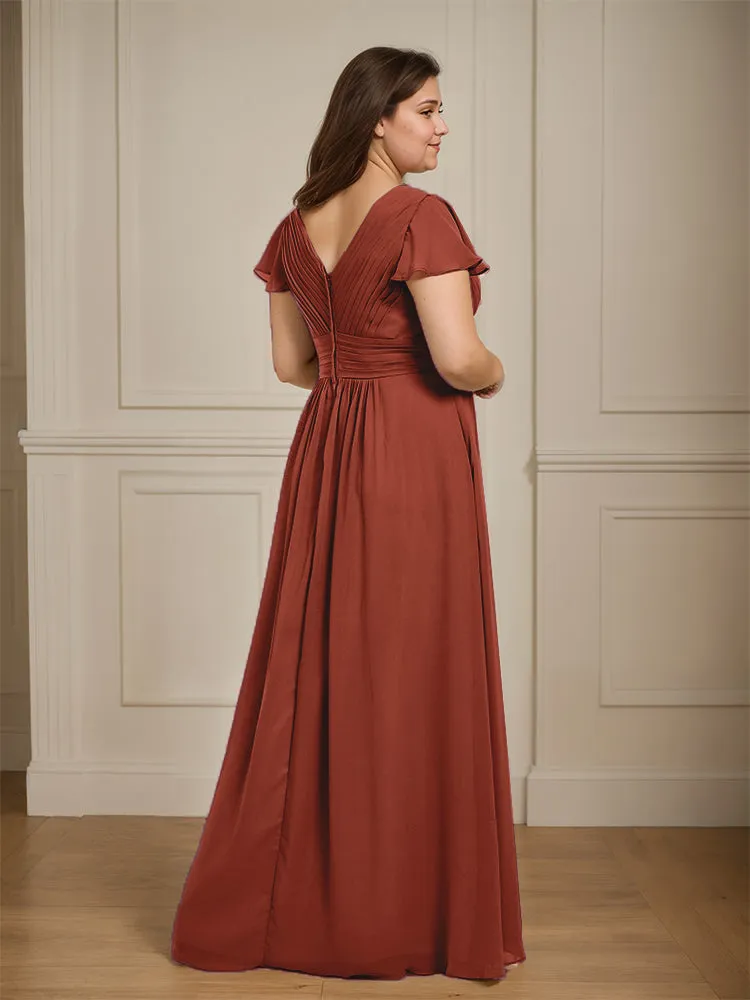 Short Sleeves Chiffon A-line V Neck Long Plus Size Bridesmaid Dresses