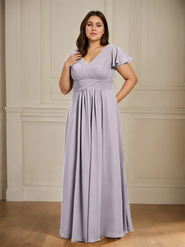 Short Sleeves Chiffon A-line V Neck Long Plus Size Bridesmaid Dresses