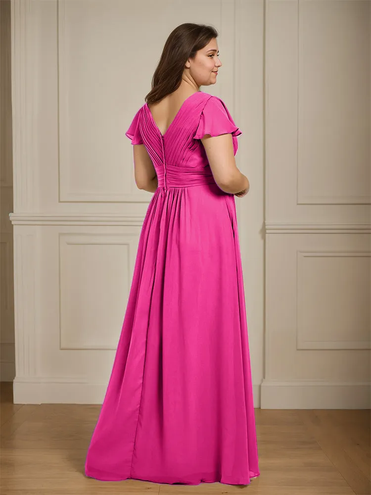 Short Sleeves Chiffon A-line V Neck Long Plus Size Bridesmaid Dresses