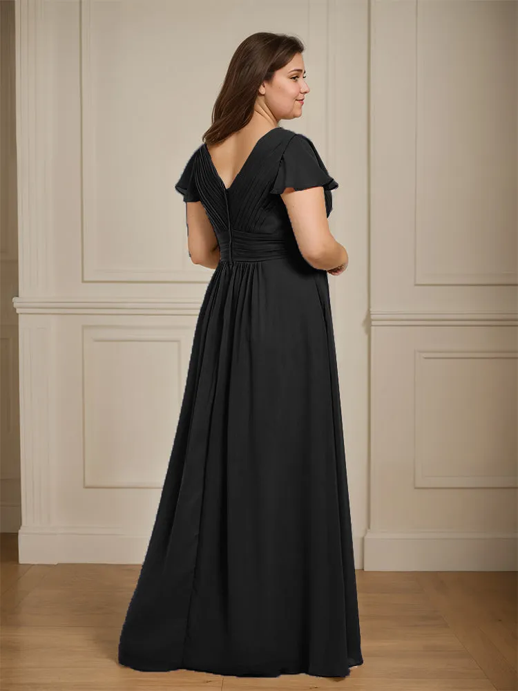 Short Sleeves Chiffon A-line V Neck Long Plus Size Bridesmaid Dresses