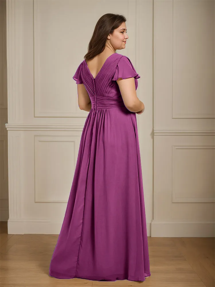 Short Sleeves Chiffon A-line V Neck Long Plus Size Bridesmaid Dresses