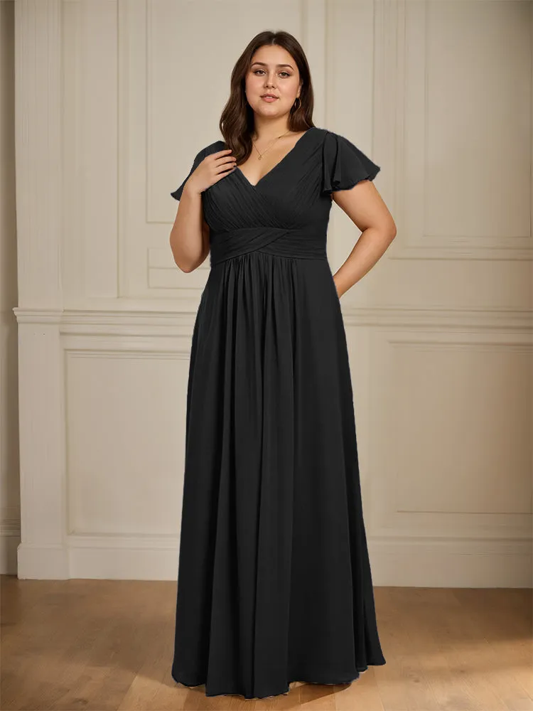 Short Sleeves Chiffon A-line V Neck Long Plus Size Bridesmaid Dresses