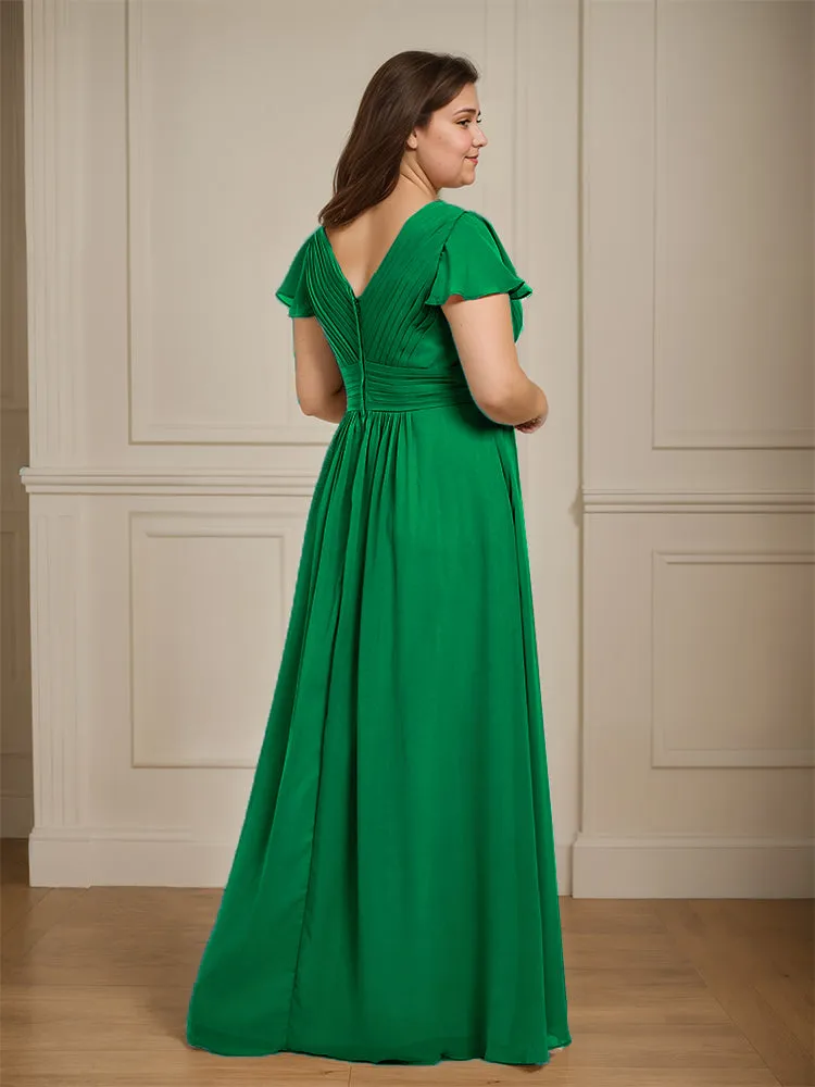 Short Sleeves Chiffon A-line V Neck Long Plus Size Bridesmaid Dresses