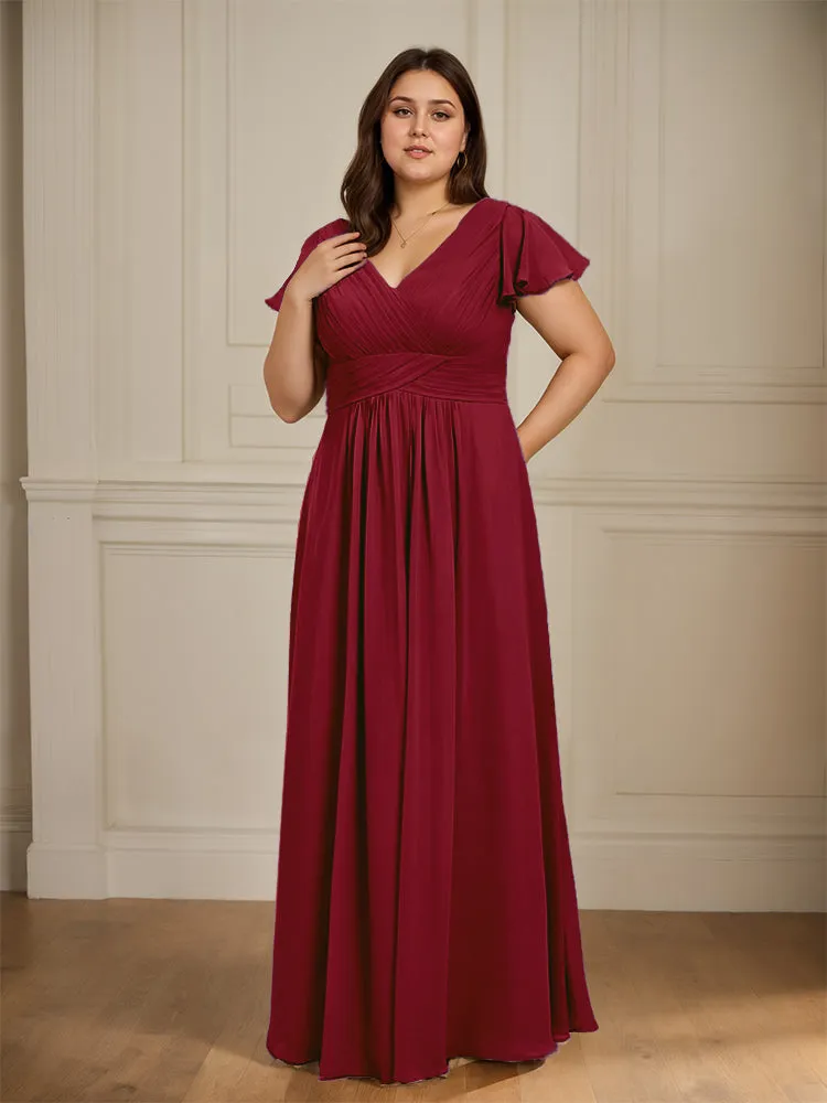 Short Sleeves Chiffon A-line V Neck Long Plus Size Bridesmaid Dresses