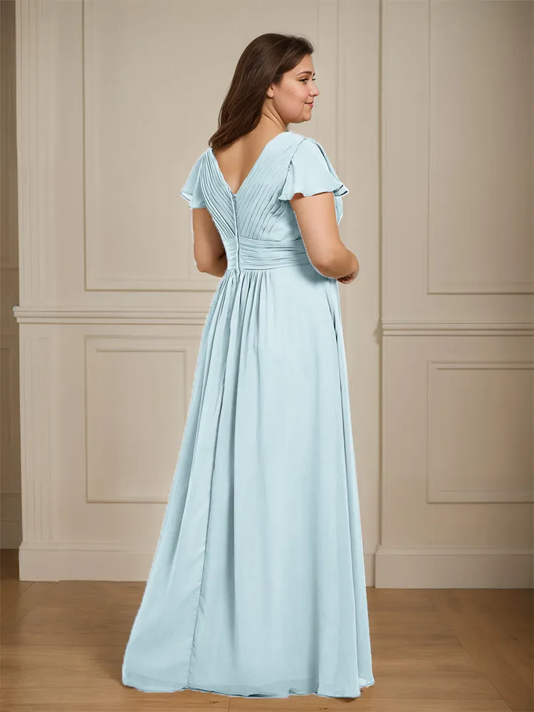 Short Sleeves Chiffon A-line V Neck Long Plus Size Bridesmaid Dresses