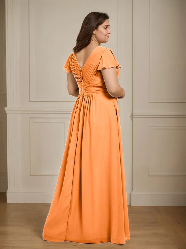 Short Sleeves Chiffon A-line V Neck Long Plus Size Bridesmaid Dresses