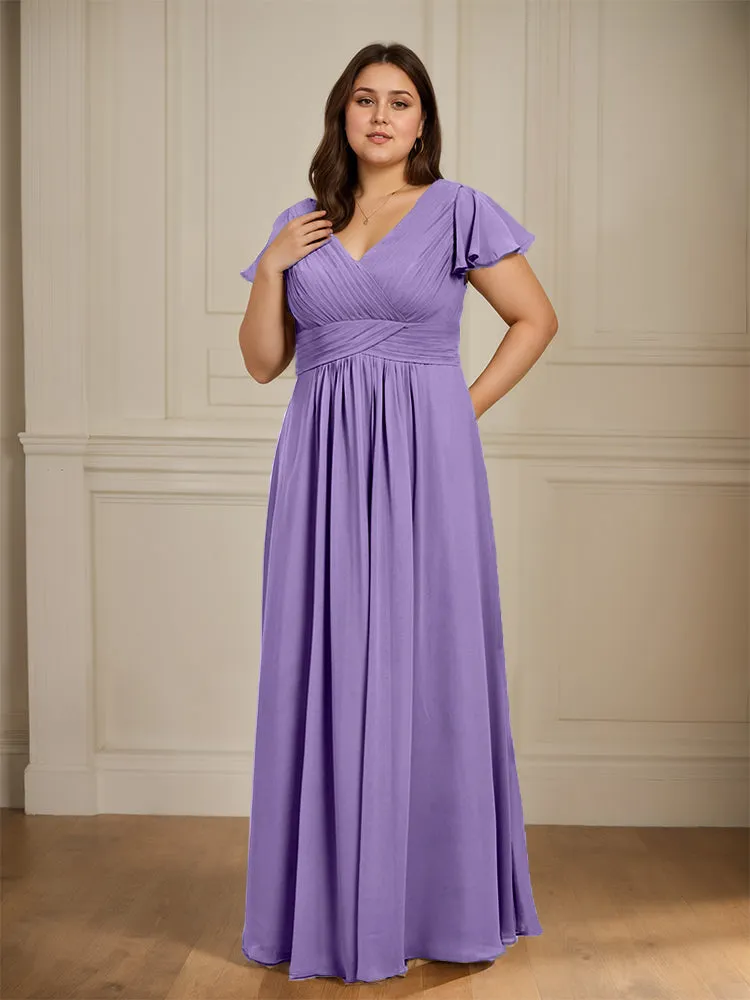 Short Sleeves Chiffon A-line V Neck Long Plus Size Bridesmaid Dresses