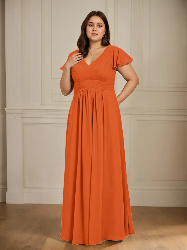 Short Sleeves Chiffon A-line V Neck Long Plus Size Bridesmaid Dresses