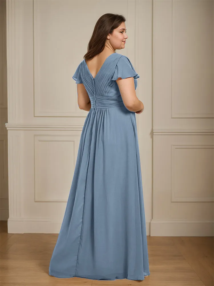 Short Sleeves Chiffon A-line V Neck Long Plus Size Bridesmaid Dresses