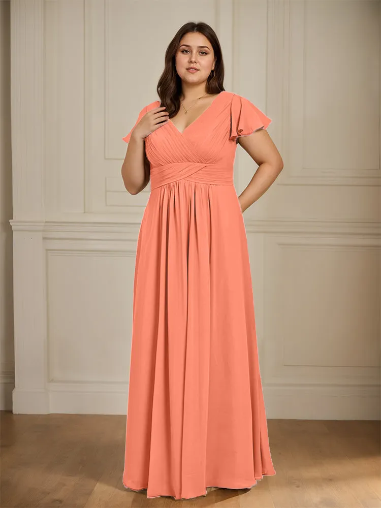 Short Sleeves Chiffon A-line V Neck Long Plus Size Bridesmaid Dresses