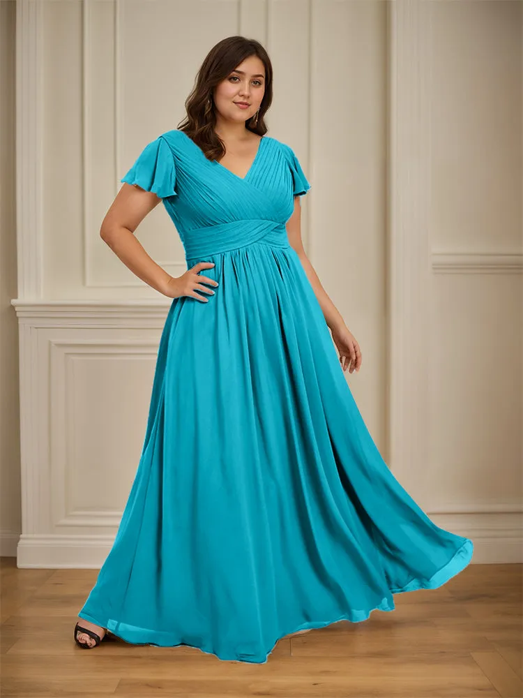 Short Sleeves Chiffon A-line V Neck Long Plus Size Bridesmaid Dresses