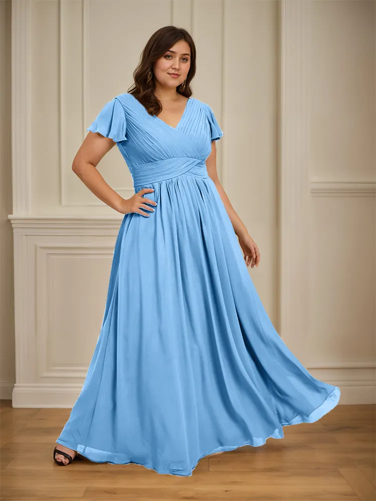 Short Sleeves Chiffon A-line V Neck Long Plus Size Bridesmaid Dresses