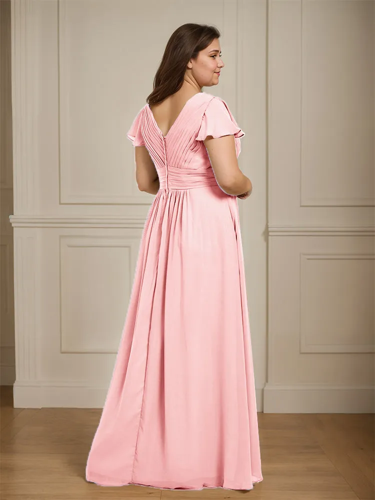 Short Sleeves Chiffon A-line V Neck Long Plus Size Bridesmaid Dresses