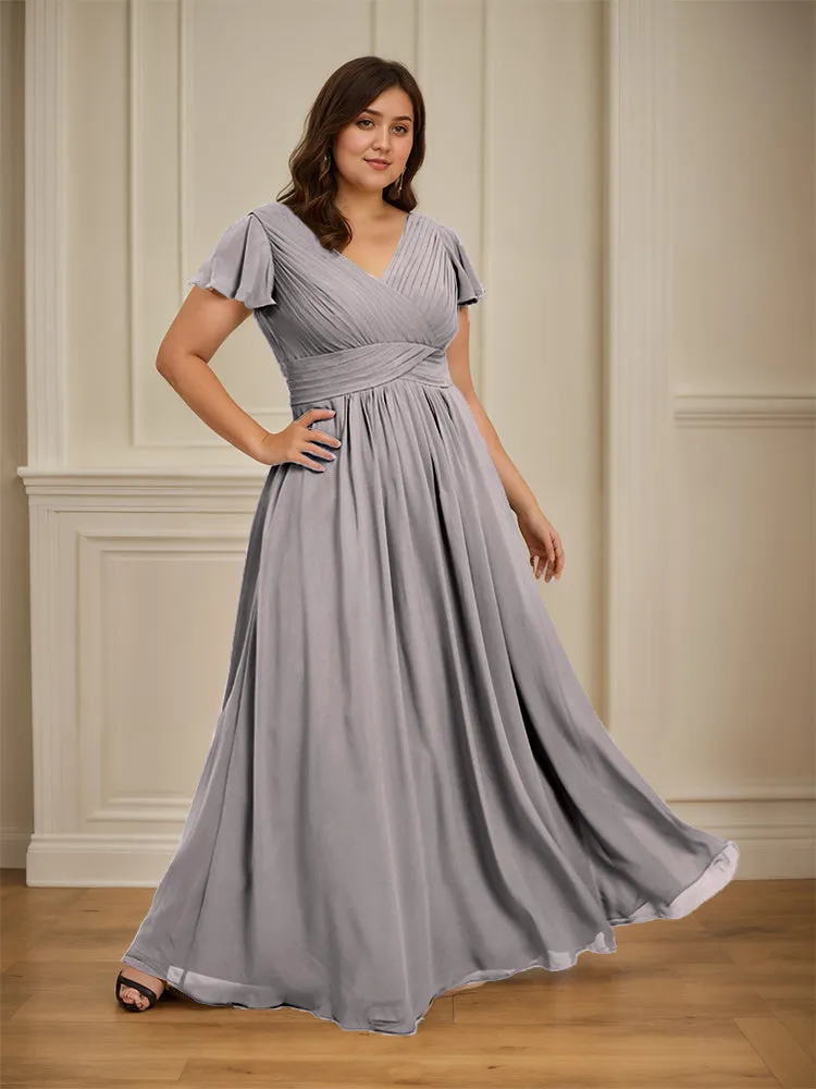 Short Sleeves Chiffon A-line V Neck Long Plus Size Bridesmaid Dresses