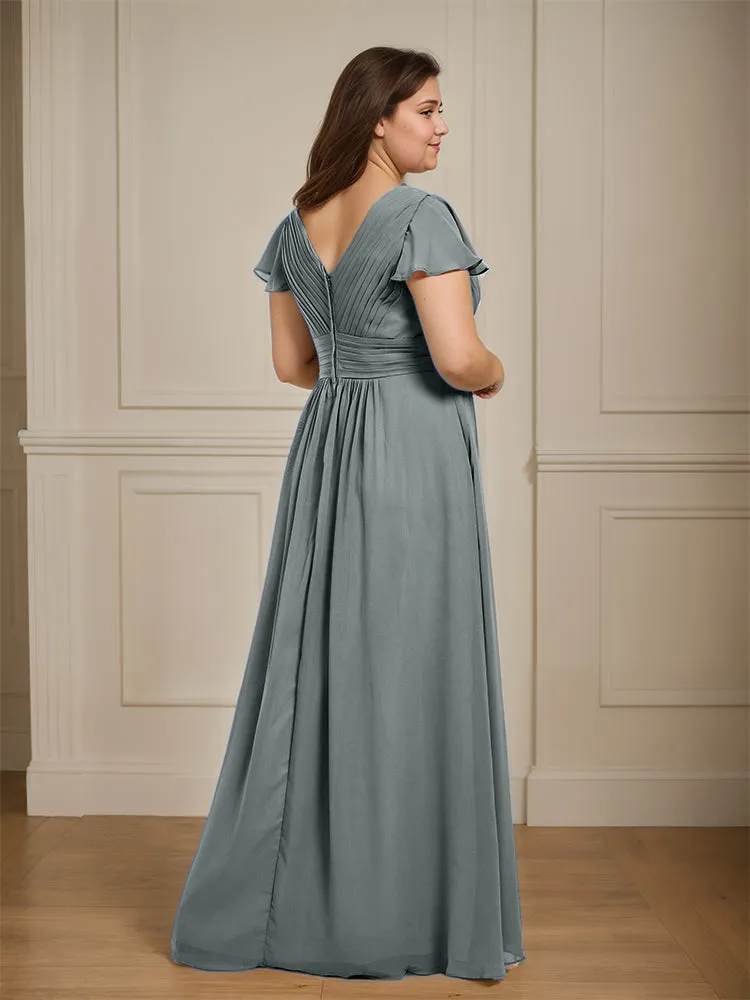 Short Sleeves Chiffon A-line V Neck Long Plus Size Bridesmaid Dresses