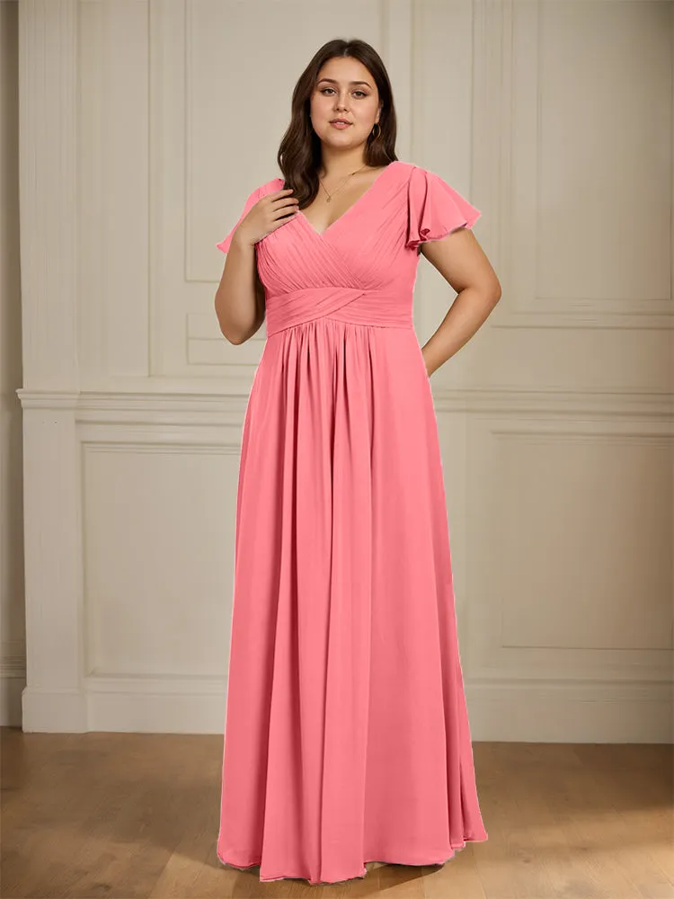 Short Sleeves Chiffon A-line V Neck Long Plus Size Bridesmaid Dresses