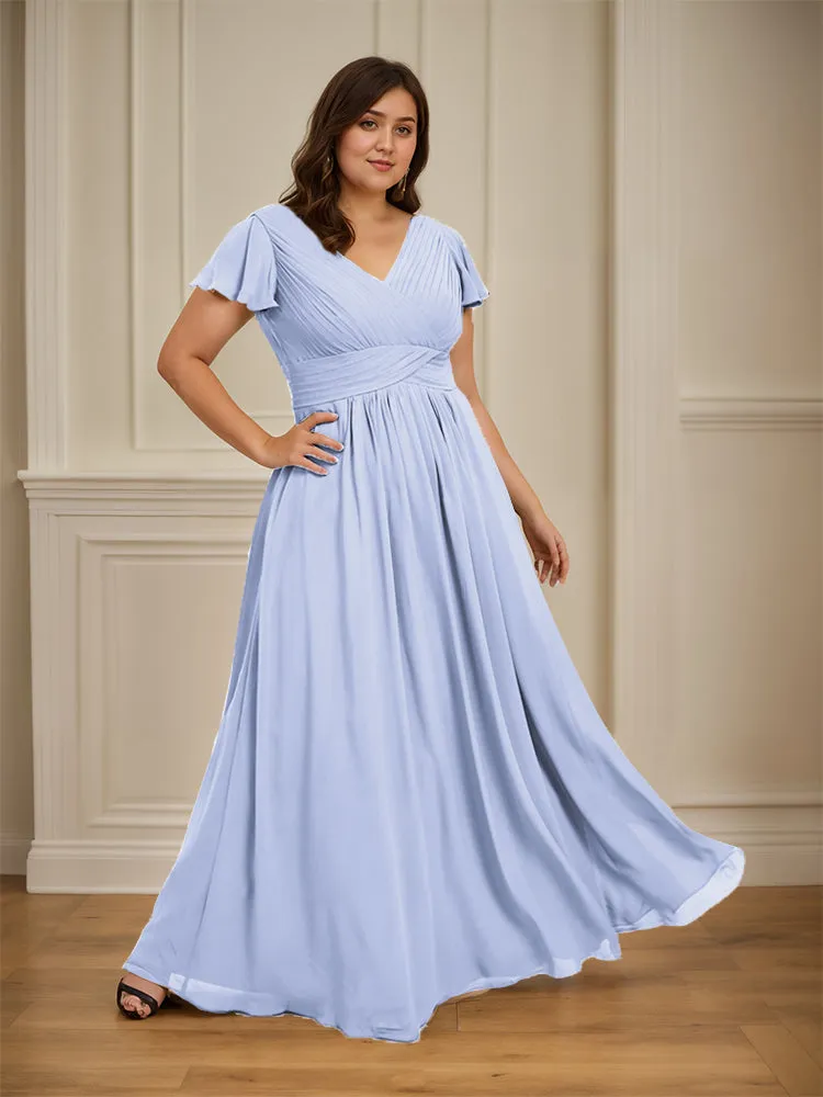 Short Sleeves Chiffon A-line V Neck Long Plus Size Bridesmaid Dresses