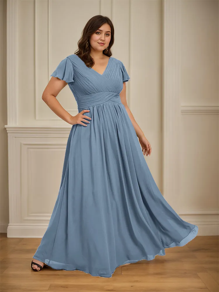 Short Sleeves Chiffon A-line V Neck Long Plus Size Bridesmaid Dresses